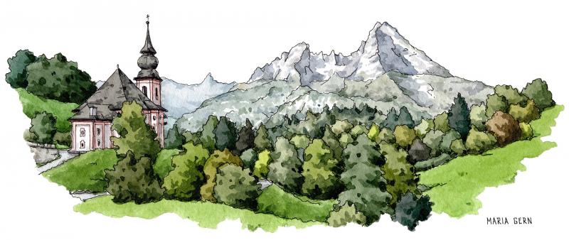 Farbenfrohe Berglandschaften mit Tinte und Aquarell