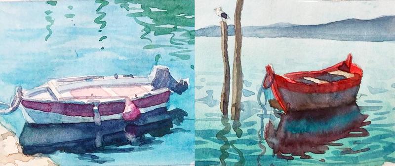 Wasserspiegelung in Aquarell - Boote und ihre Reflexionen