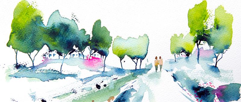 After Work: Lockere Dorfidylle in Aquarell