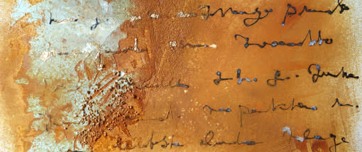 Acrylmalerei mit Rost, Gold und Schrift
