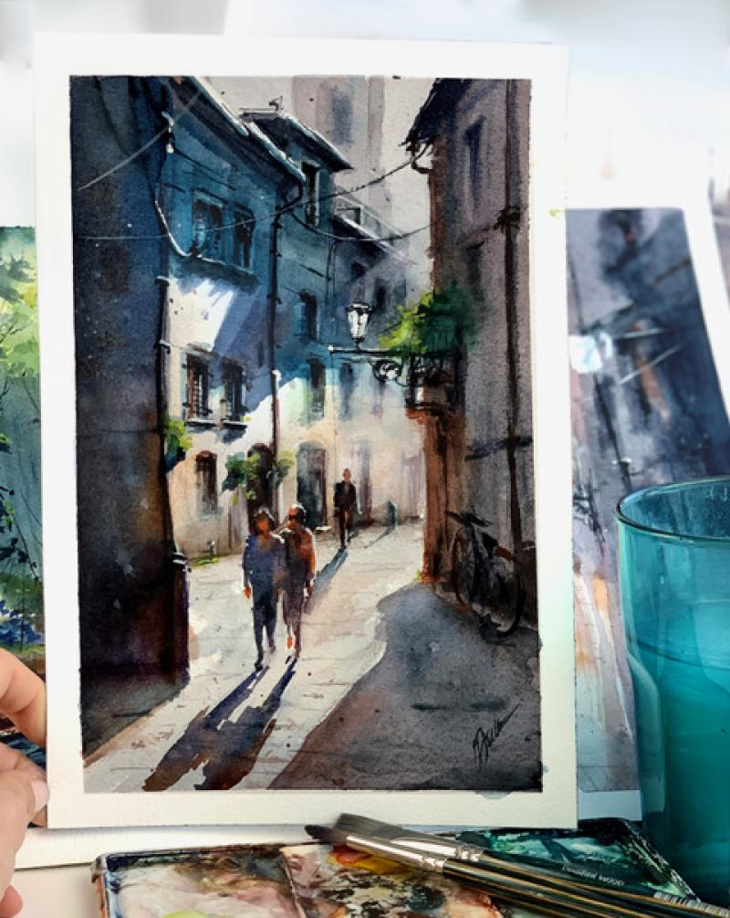 Licht in der Stadt - leuchtendes Aquarell